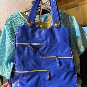 Royal Blue Patent Tote Bag w/ Multiple Zip Pockets